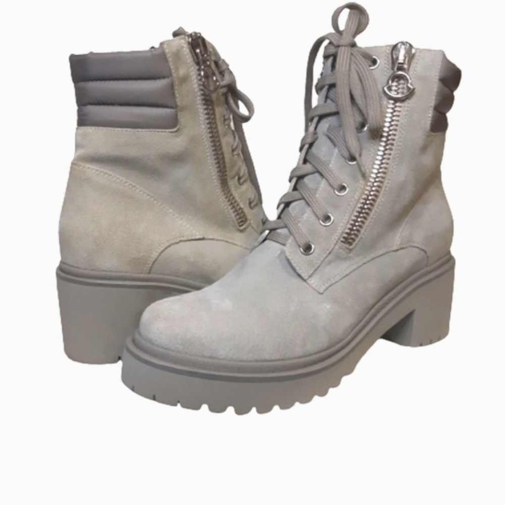 Moncler Viviane Suede Military Combat Boot / Bootie Grey Black Biker